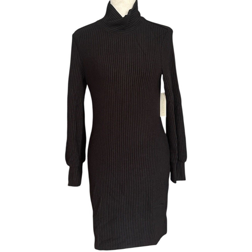 Tash + Sophie Black Ribbed Turtleneck Long Sleeve Midi Knit Dress M Quiet Luxury